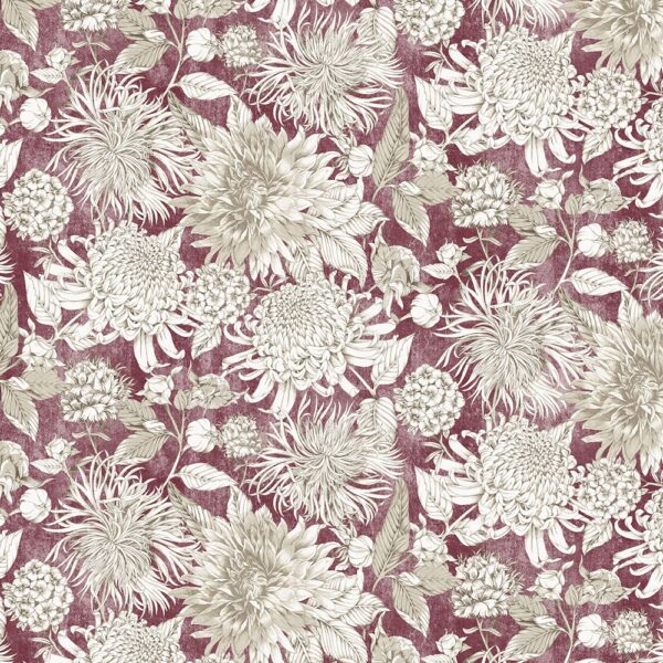 Purbeck Fabric - Mulberry by red botanical cotton fabric from Chess