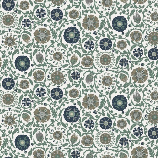 Rosemoor Fabric - Teal by blue botanical cotton fabric from Chess