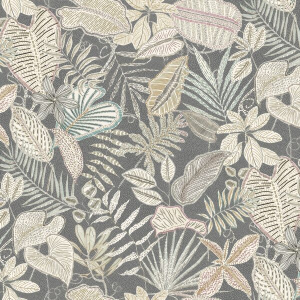 Sherbourne Fabric - Flint by black-grey botanical cotton fabric from Chess