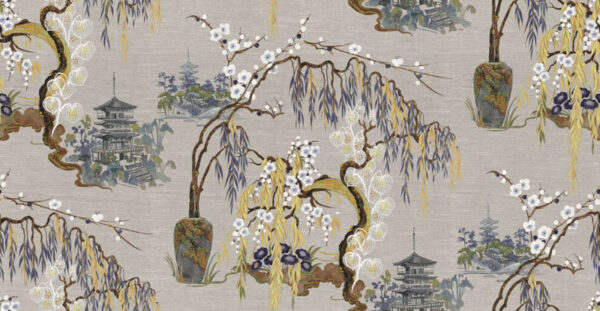 yellow botanical silk-satin fabric from Art of the Loom