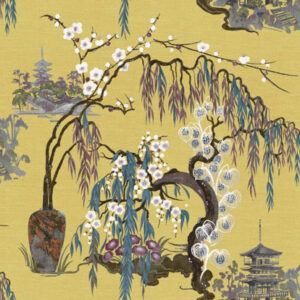 yellow botanical silk-satin fabric from Art of the Loom
