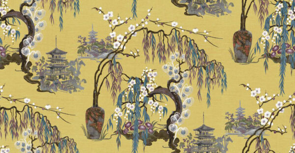Boketto Col Fabric - 2 by yellow botanical silk-satin fabric from Art of the Loom