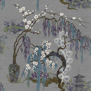 blue botanical silk-satin fabric from Art of the Loom