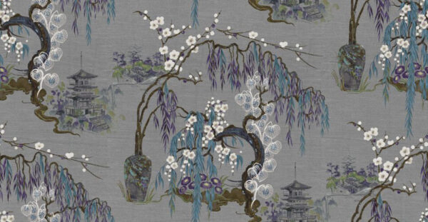 Boketto Col Fabric - 3 by blue botanical silk-satin fabric from Art of the Loom