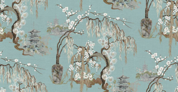 Boketto Col Fabric - 5 by blue botanical silk-satin fabric from Art of the Loom