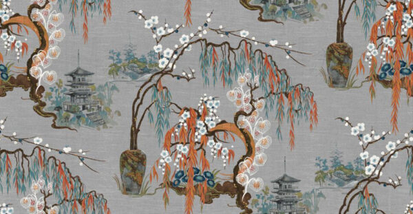 Boketto Col Fabric - 6 by blue botanical silk-satin fabric from Art of the Loom