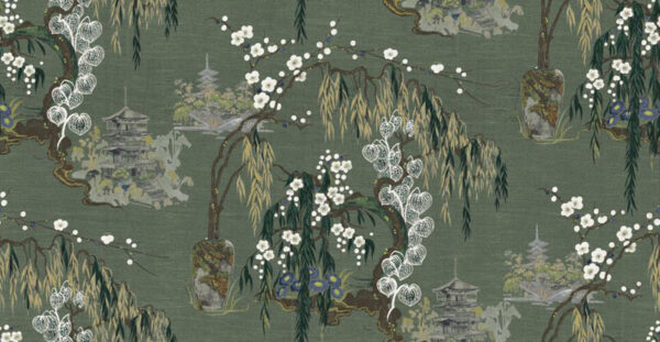 green botanical silk-satin fabric from Art of the Loom
