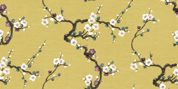 Sakura Col Fabric - 2 by yellow botanical silk-satin fabric from Art of the Loom