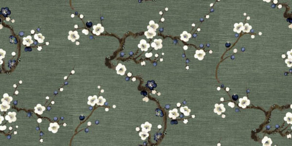 Sakura Col Fabric - 7 by green botanical silk-satin fabric from Art of the Loom