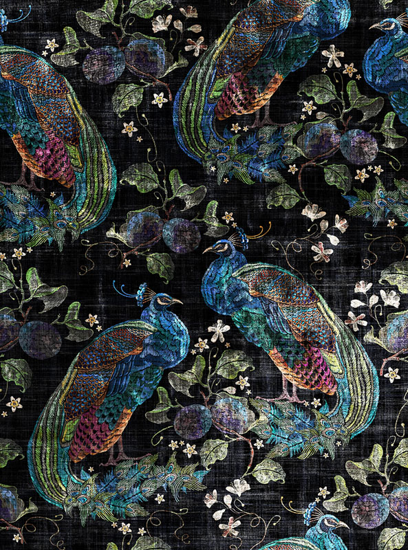 Peacock Opulence Fabric - Black by multicolour animal velvet-chenille fabric from Art of the Loom