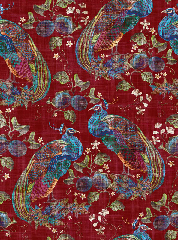 Peacock Luxor Fabric - Cranberry by red animal velvet-chenille fabric from Art of the Loom