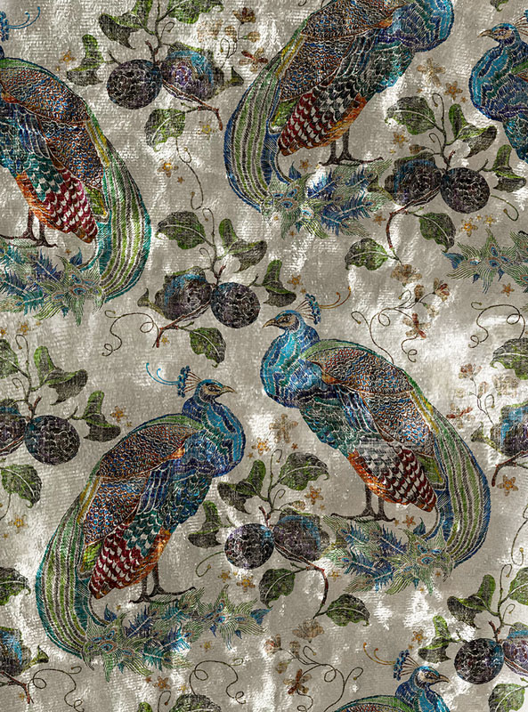 Peacock Opulence Fabric - Natural by neutral animal velvet-chenille fabric from Art of the Loom
