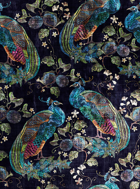 Peacock Opulence Fabric - Navy by blue animal velvet-chenille fabric from Art of the Loom