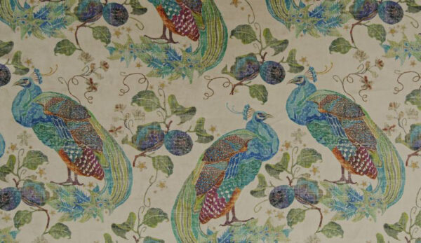 Peacock Luxor Fabric - Natural by neutral animal velvet-chenille fabric from Art of the Loom