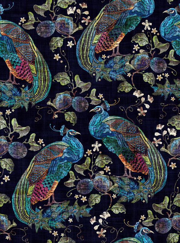 Peacock Luxor Fabric - Navy by blue animal velvet-chenille fabric from Art of the Loom