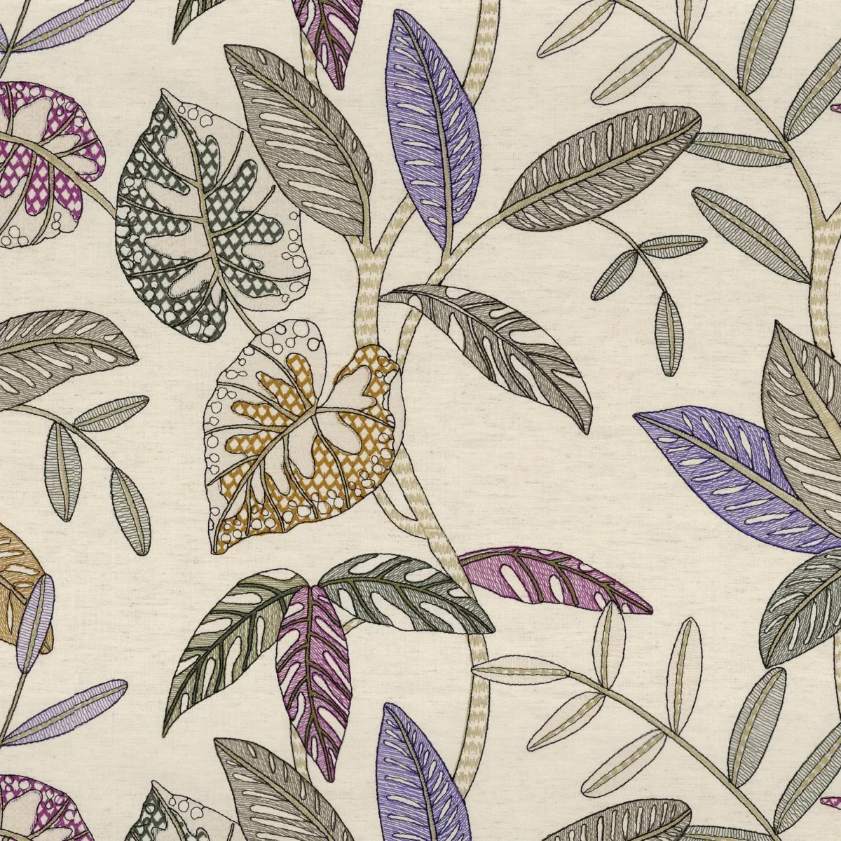 Guarana Fabric - Magenta by green botanical embroideried fabric from Camengo