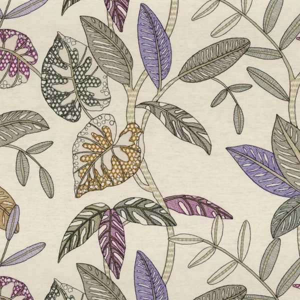 Guarana Fabric - Magenta by green botanical embroideried fabric from Camengo