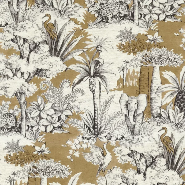 Passaro Fabric - Ocre by yellow animal linen fabric from Camengo
