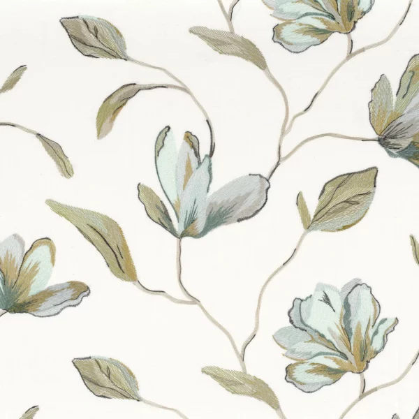 Magnolia Fabric - Azur by green botanical embroideried fabric from Camengo