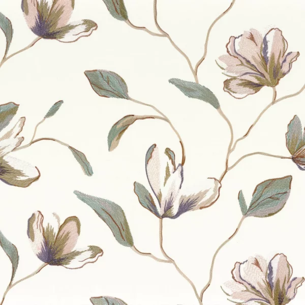 Magnolia Fabric - Lilas by green botanical embroideried fabric from Camengo