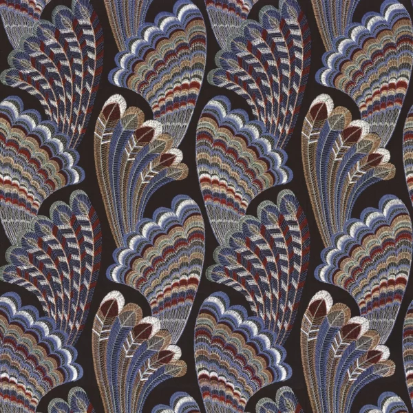 Piuma Fabric - Aubergine by blue animal embroideried fabric from Camengo
