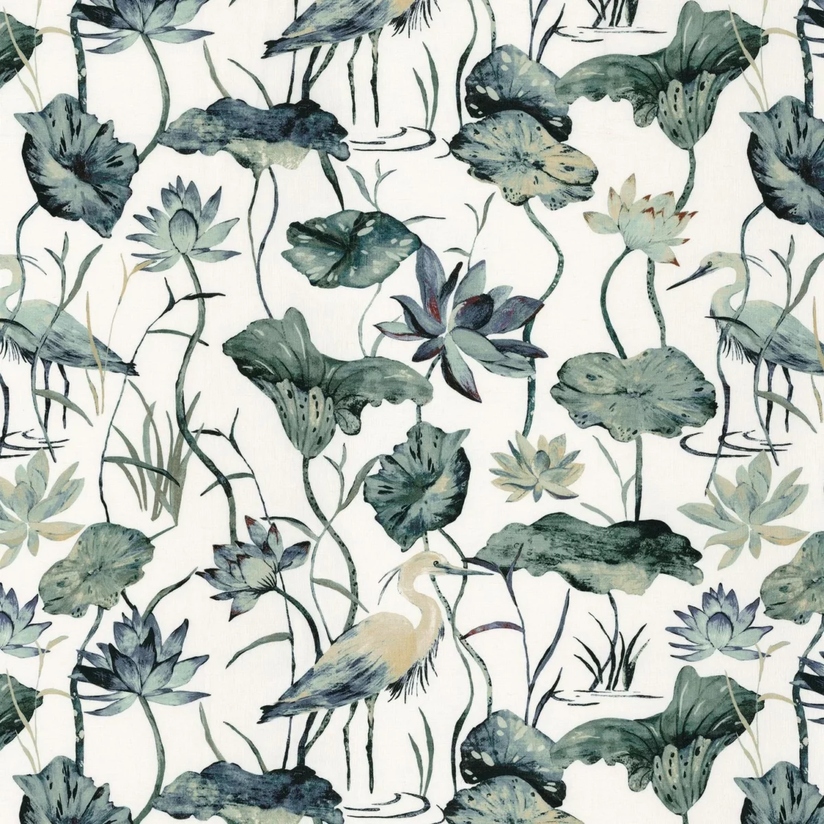 Heron Fabric - Azur by green animal printed fabric from Camengo