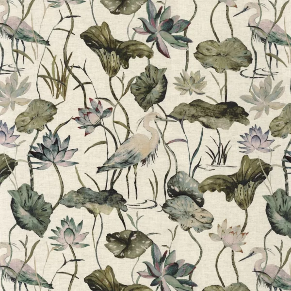 Heron Fabric - Jade by green animal printed fabric from Camengo