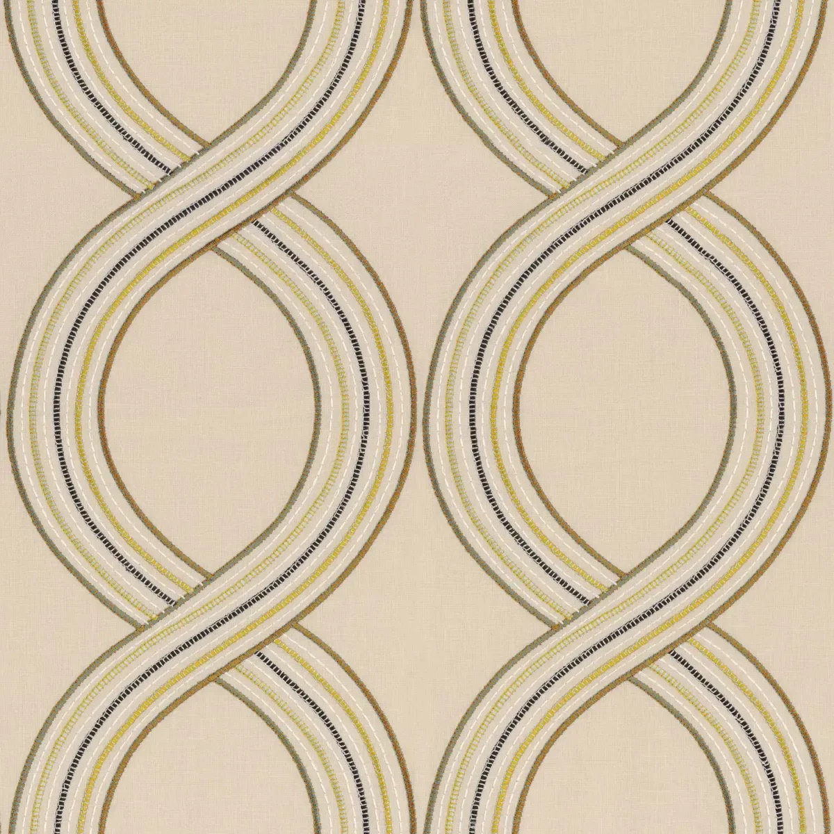 Girelle Fabric - Olive by green striped embroideried fabric from Camengo