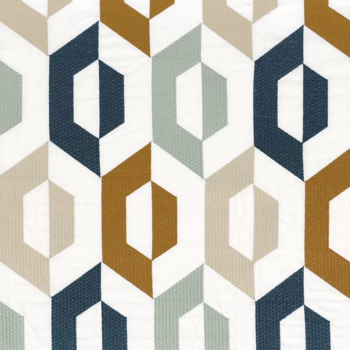 blue geometric embroideried fabric from Camengo