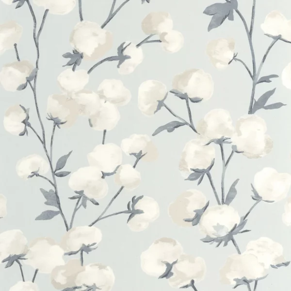 Cotton Flower Wallpaper - Bleu Acier by blue botanical wallpaper from casadeco