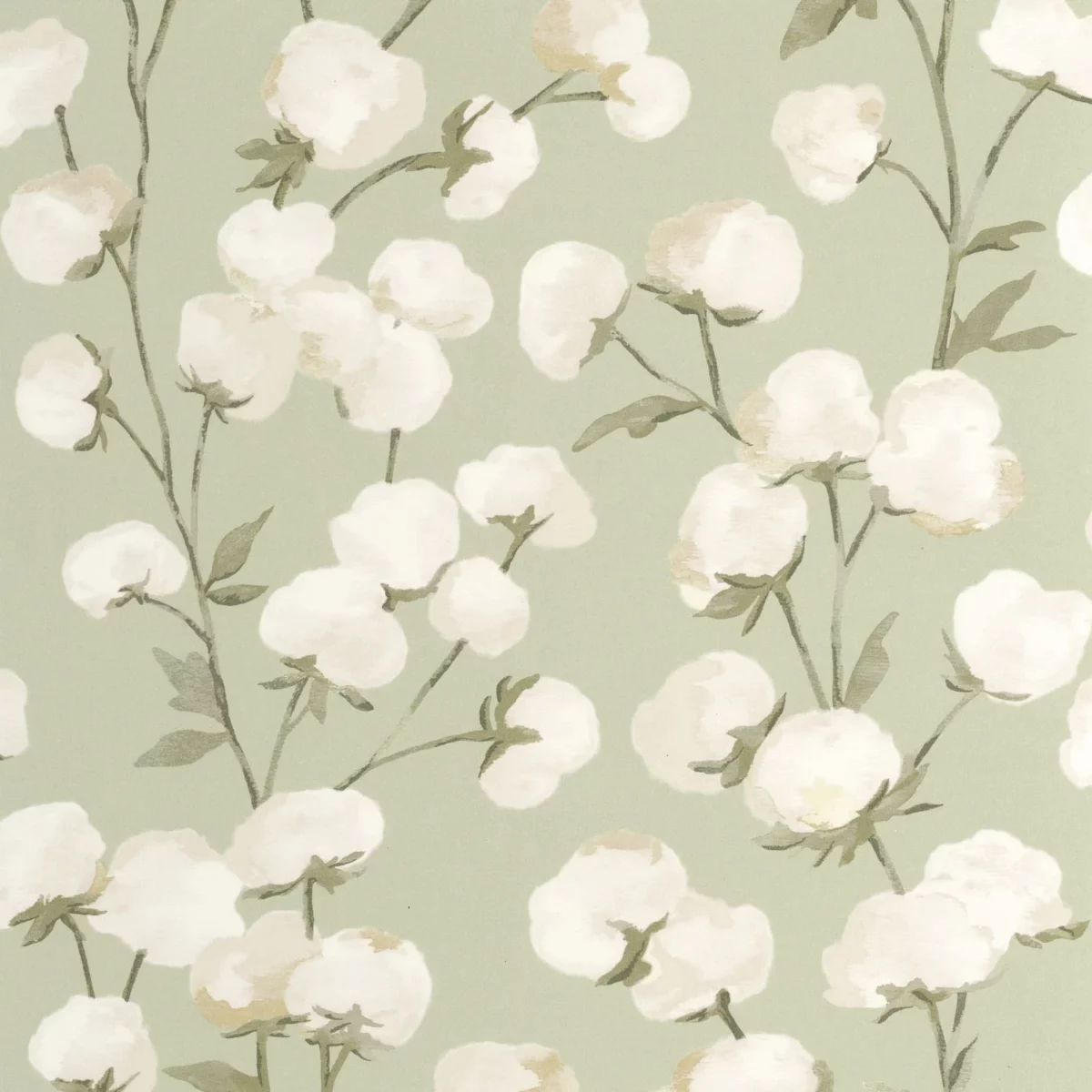 Cotton Flower Wallpaper - Vert Mousse by green botanical wallpaper from casadeco