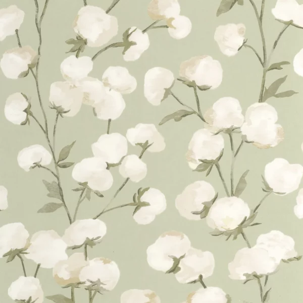 Cotton Flower Wallpaper - Vert Mousse by green botanical wallpaper from casadeco