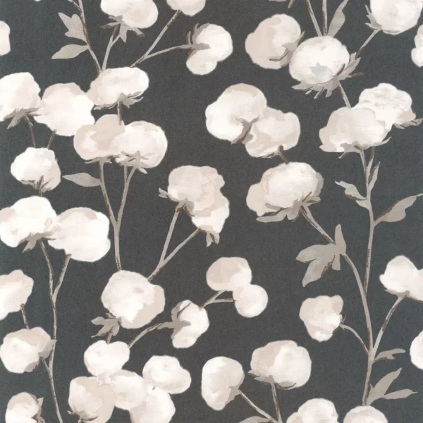 Cotton Flower Wallpaper - Ardoise by black-grey botanical wallpaper from casadeco