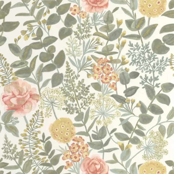 Garden Flowers Wallpaper - Rose / Jaune by green botanical wallpaper from casadeco