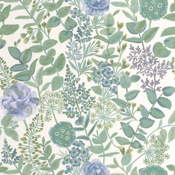 Garden Flowers Wallpaper - Bleu / Vert by green botanical wallpaper from casadeco