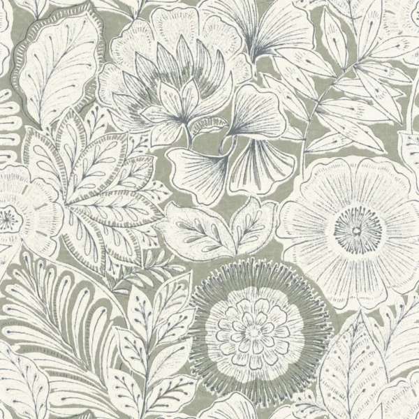 Batik Wallpaper - Vert Sauge by green botanical wallpaper from casadeco