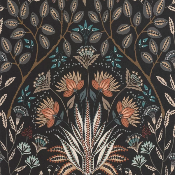 black-grey botanical wallpaper from casadeco