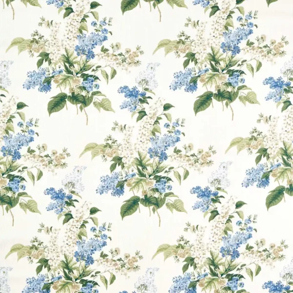 Delphinium & Lilac Fabric - Larkspur Blue by blue botanical linen fabric from Sanderson