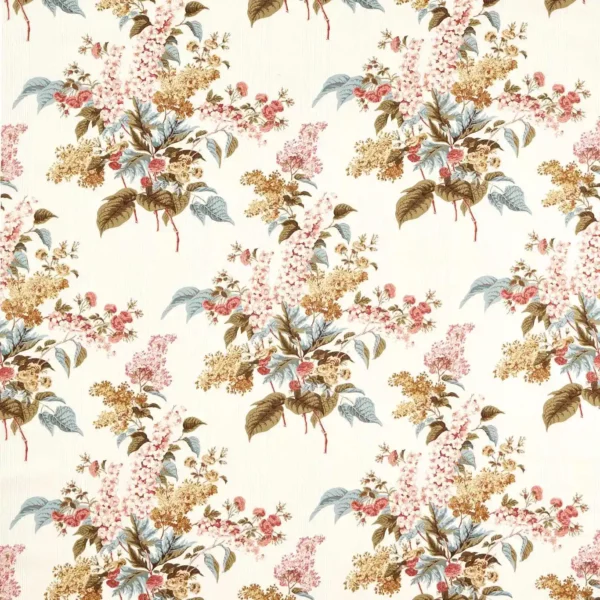 Delphinium & Lilac Fabric - Madder Rose / Sepia by brown botanical linen fabric from Sanderson