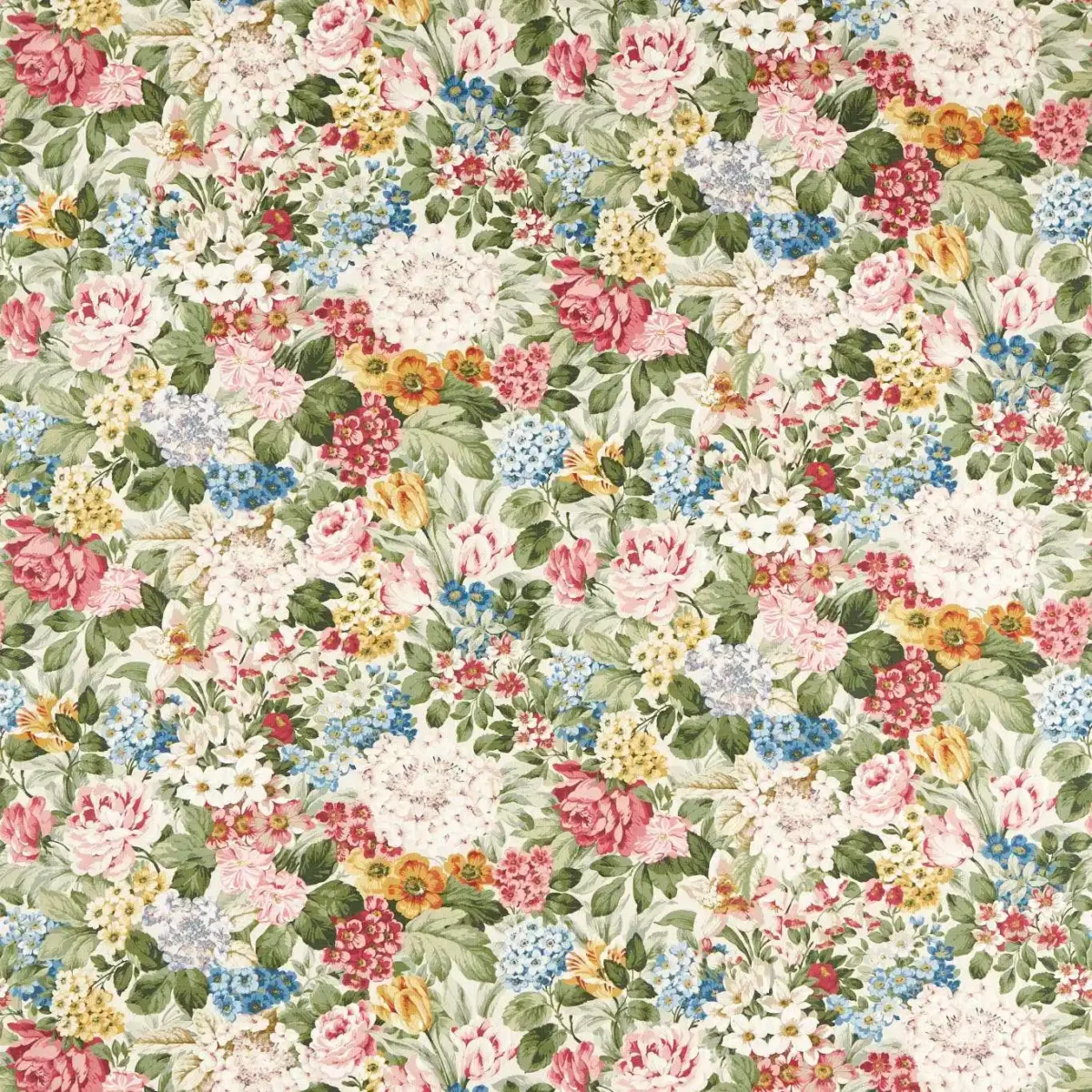 Hydrangea & Rose Fabric - Chintz by multicolour botanical printed fabric from Sanderson