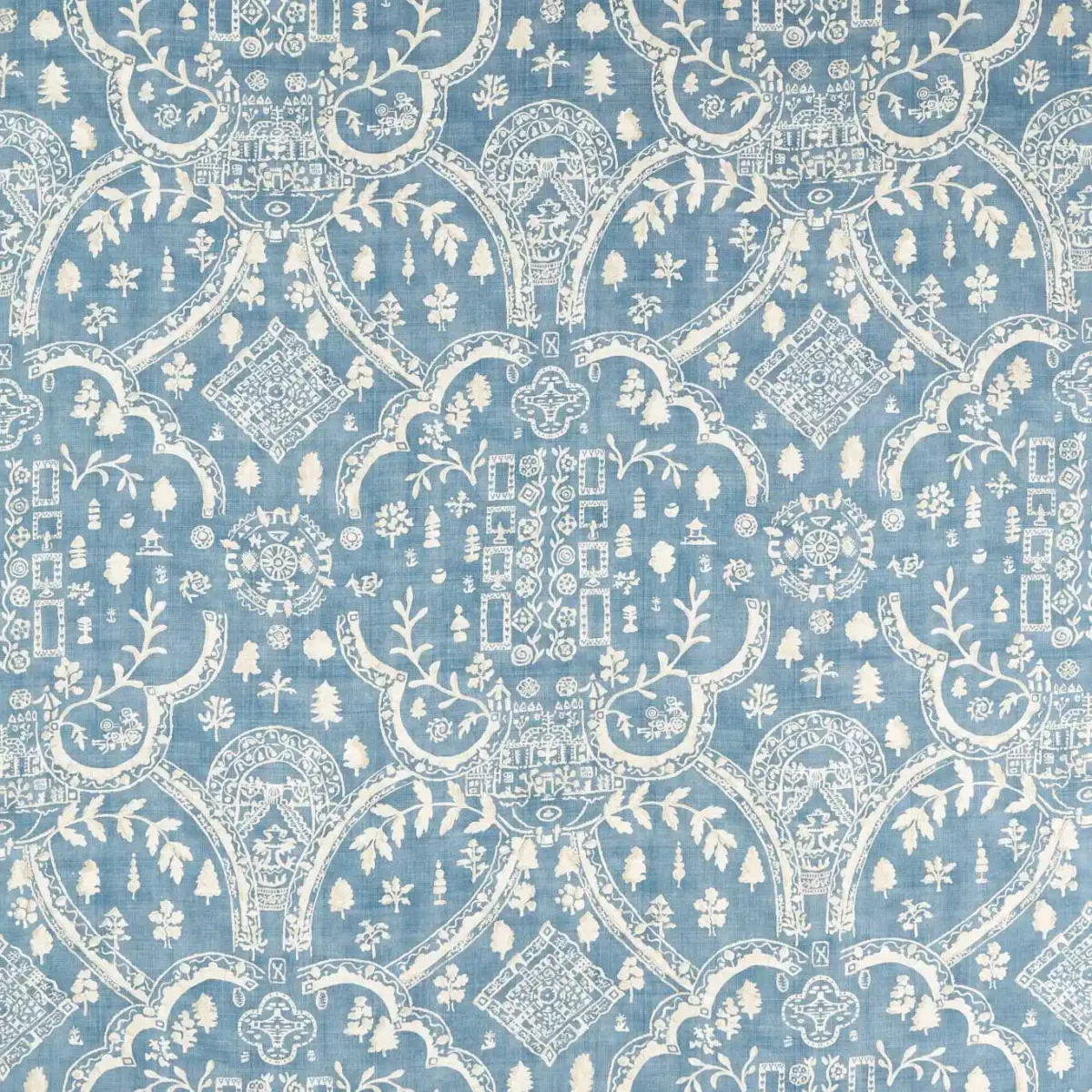 Topiary View Fabric - Tetbury Blue by blue traditional printed fabric from Sanderson