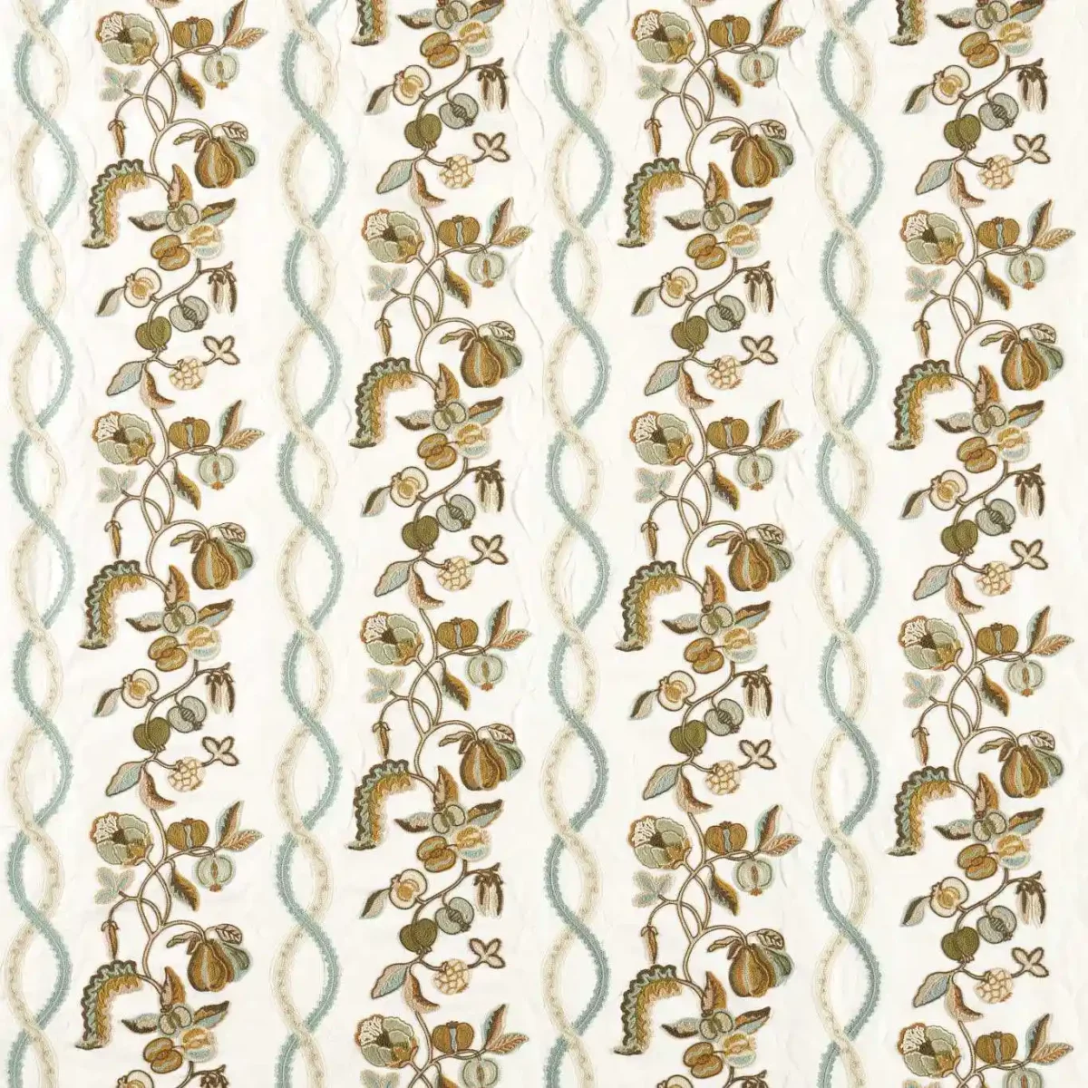 blue botanical embroideried fabric from Sanderson