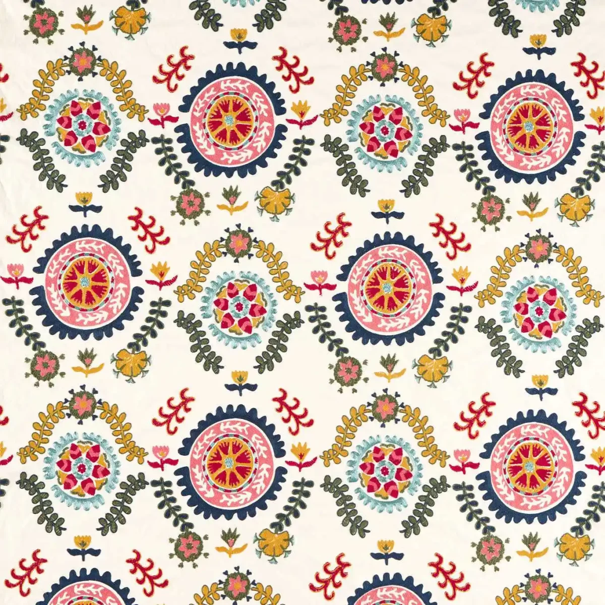 multicolour traditional embroideried fabric from Sanderson