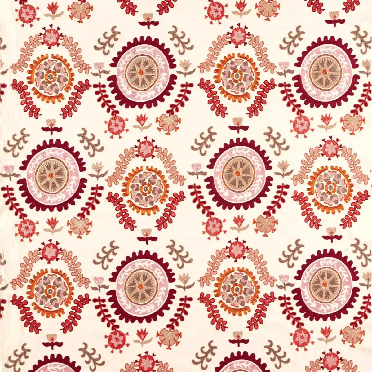 red traditional embroideried fabric from Sanderson