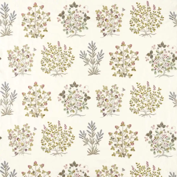 Thyme Walk Fabric - Damson / Quince by green botanical embroideried fabric from Sanderson