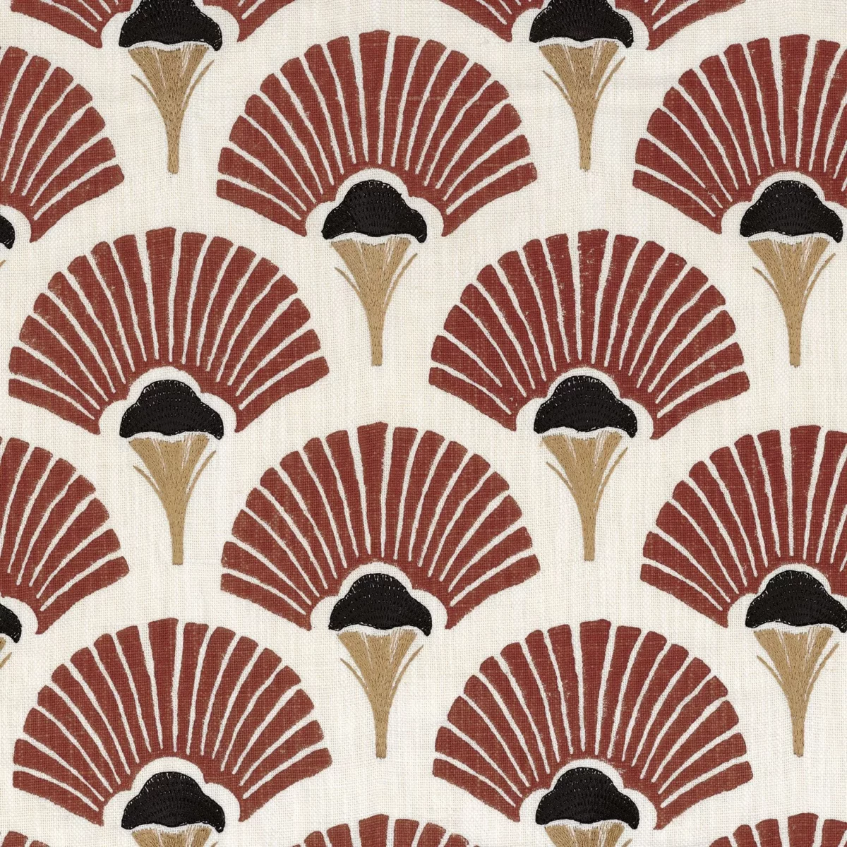 red botanical embroideried fabric from Casamance