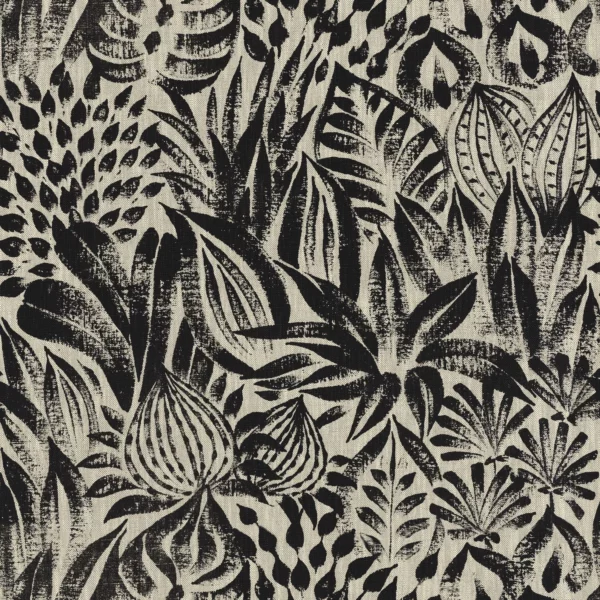 Valarta Fabric - Noir by black-grey botanical cotton fabric from Casamance