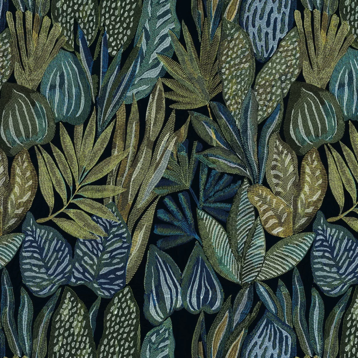 green botanical embroideried fabric from Casamance