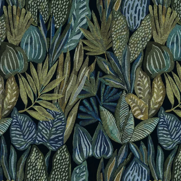 Cay Fabric - Vert Mousse by green botanical embroideried fabric from Casamance