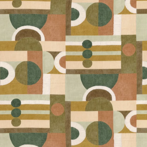Paro Fabric - Olive Terracotta by green geometric embroideried fabric from Casamance